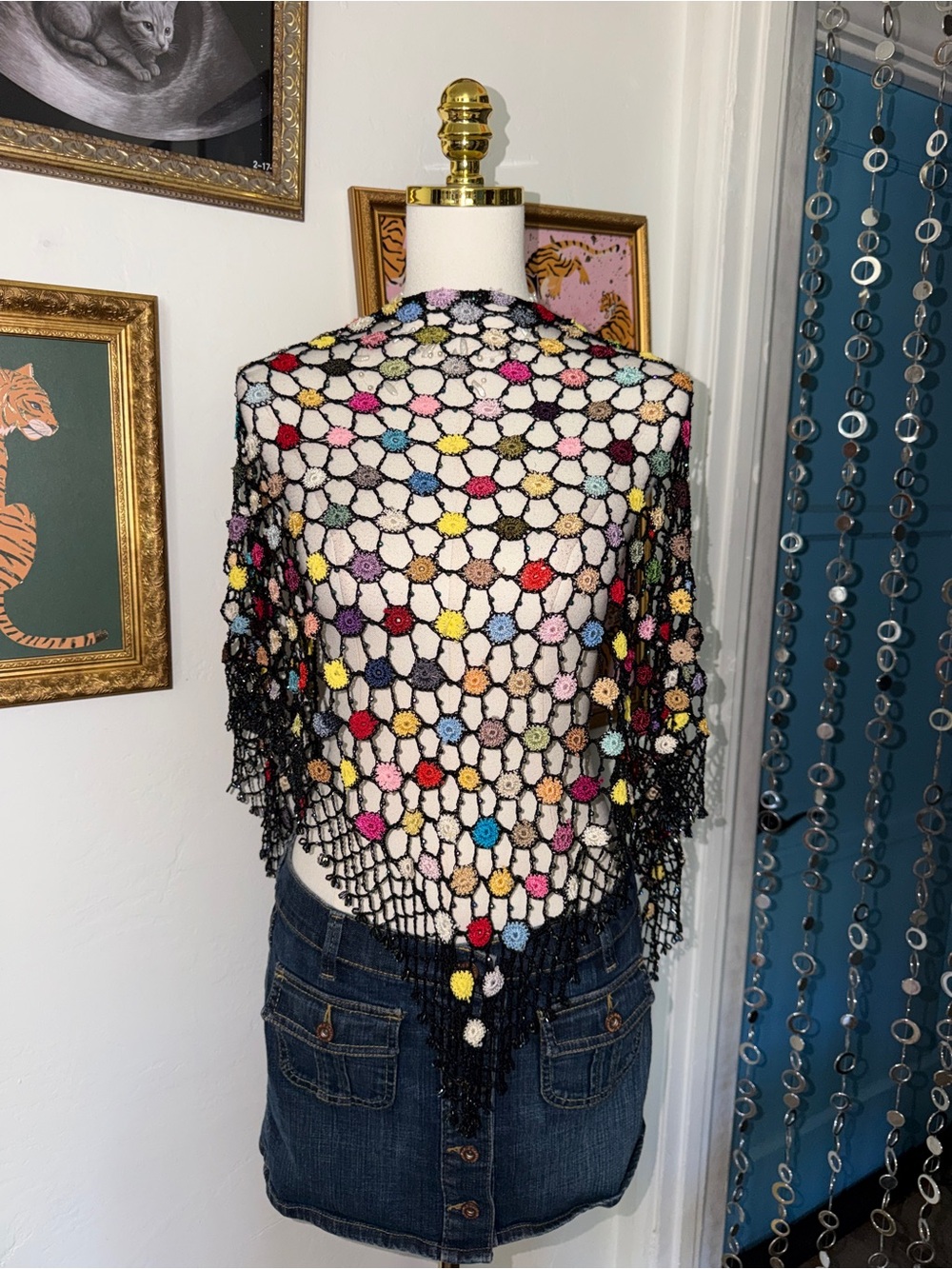 Vintage Multicolor Crochet Lace Beaded Shawl - Black Trim